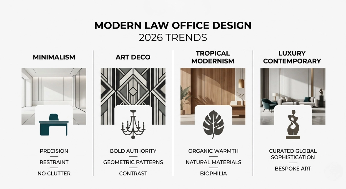 Infographic of 2026 legal office interior styles: biophilic, geometric, and minimalist aesthetics.